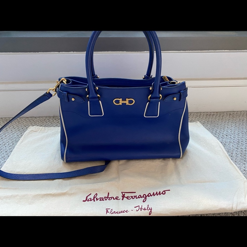 Salvatore Ferragamo Blue/White Saffiano Leather Batik Tote Bag